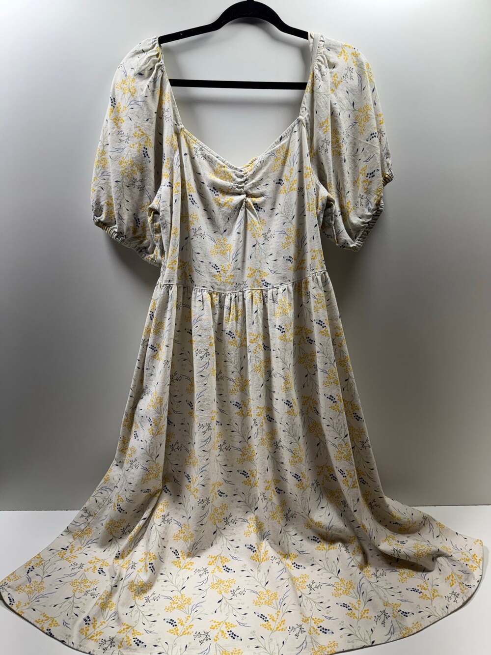Cottage Core Women’s Midi Dress Sz Xl Yellow White Linen Blend Prairie Peasant